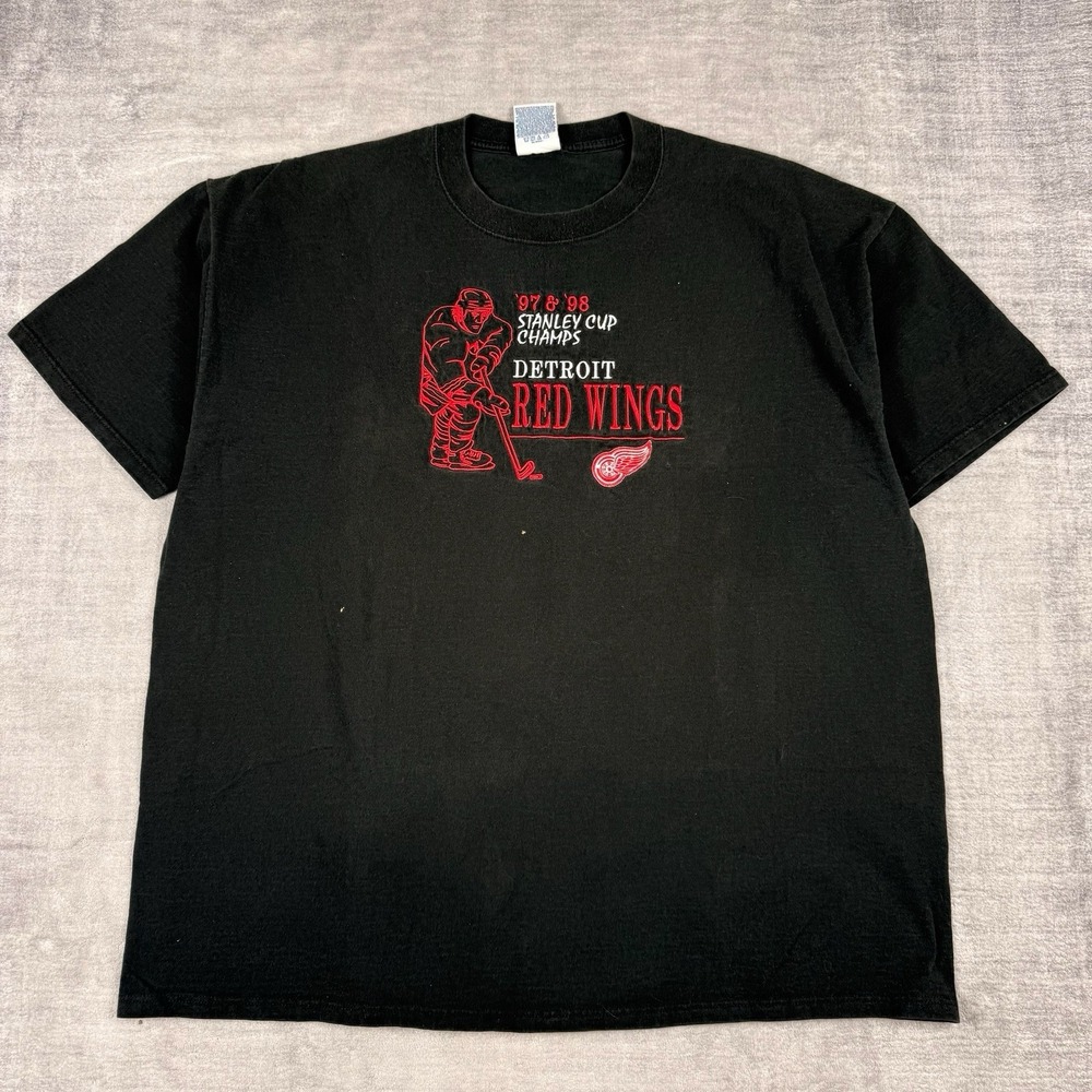 Detroit Red Wings Shirt Mens XL Black Vtg 90s All Embroidered Stanley Cup Champs